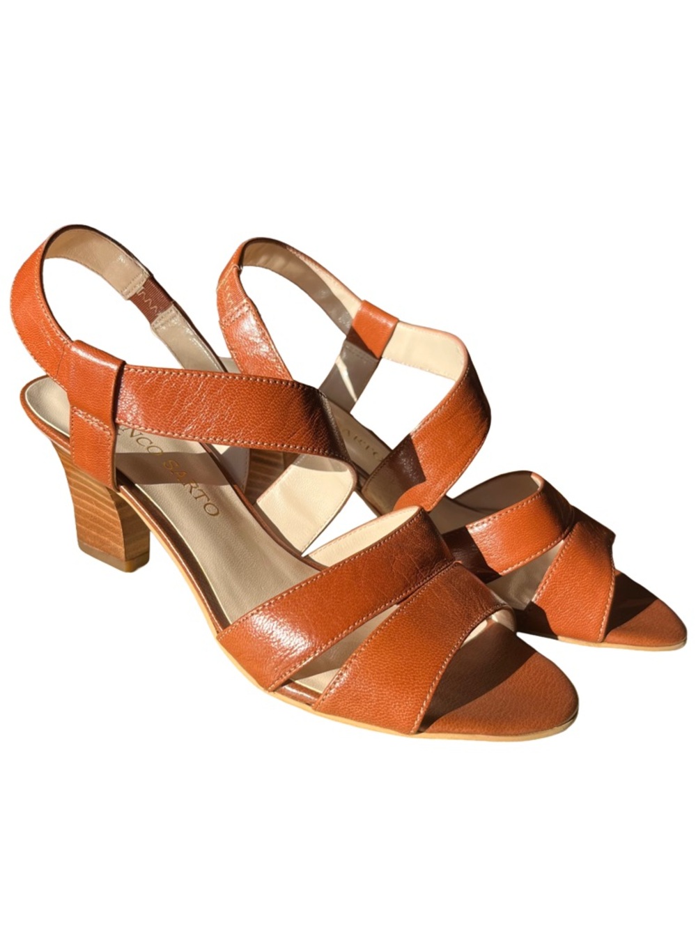 Franco Sarto Leather Block Heel Sandals 7 Cognac Brown